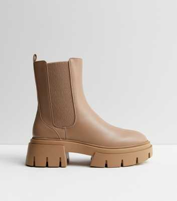Camel Leather-Look Chunky Cleated Sole Chelsea Boots