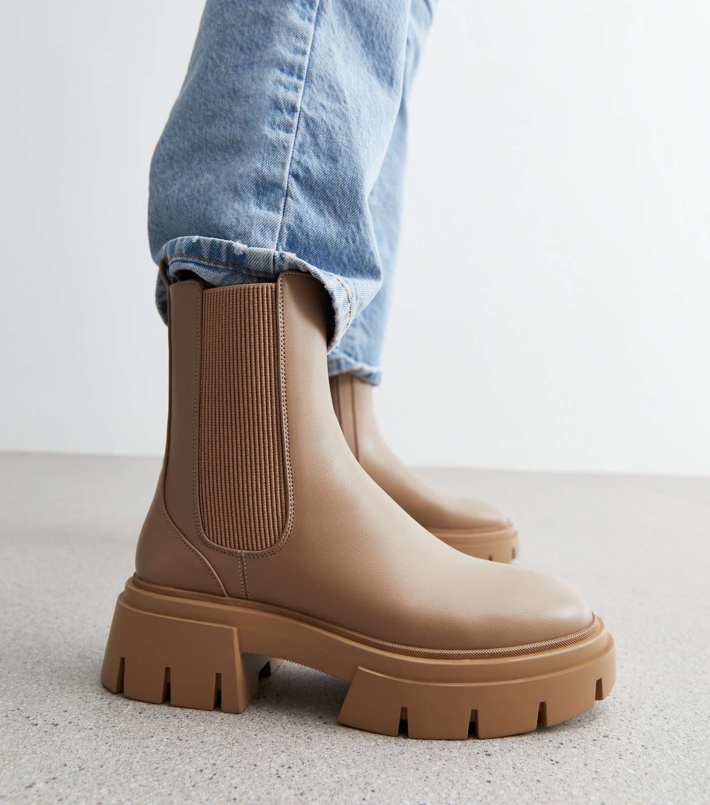 Camel Leather-Look Chunky Cleated Sole Chelsea Boots Image 2