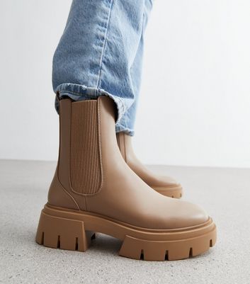 Camel Leather Look Chunky Cleated Sole Chelsea Boots New Look