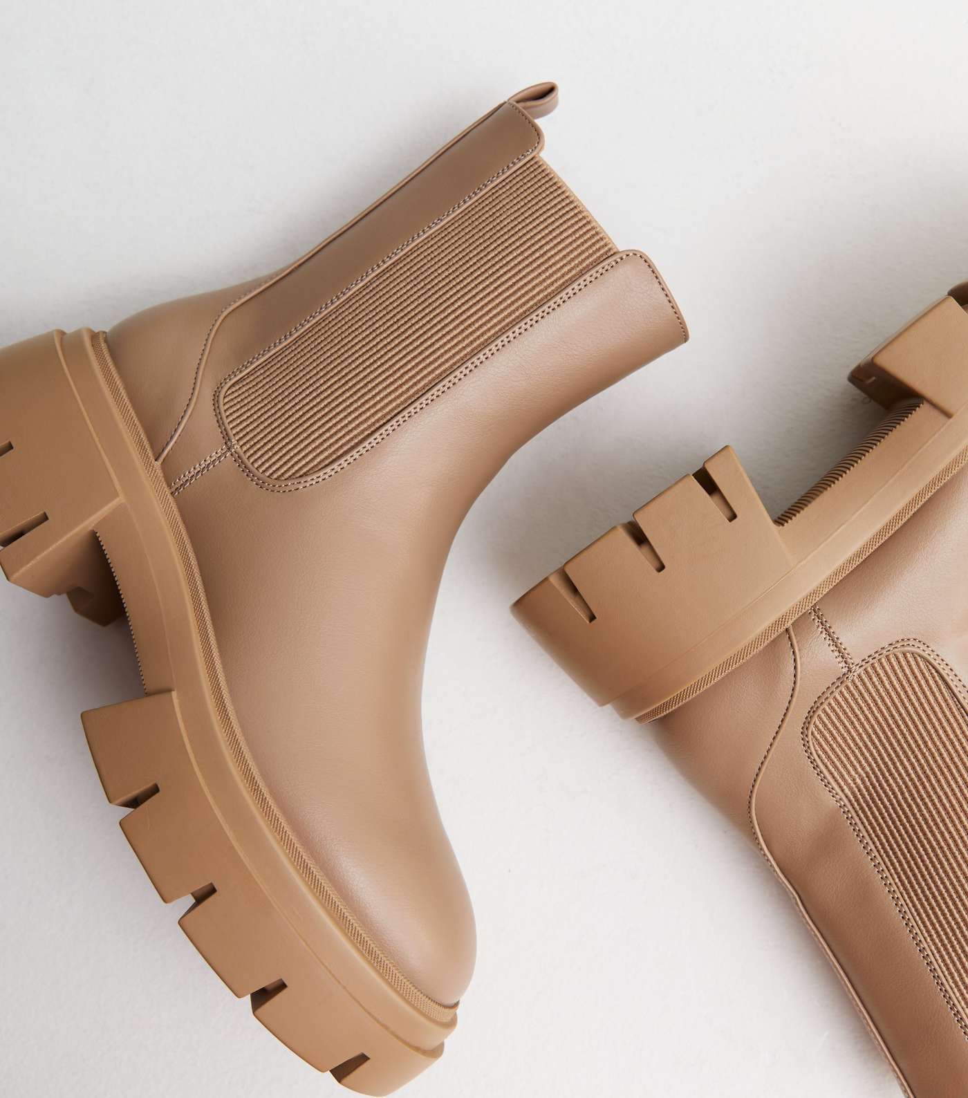Camel Leather-Look Chunky Cleated Sole Chelsea Boots Image 4
