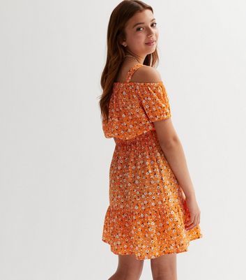 Girls Orange Ditsy Floral Bardot Dress New Look