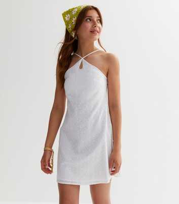 Girls White Broderie Halter Mini Dress