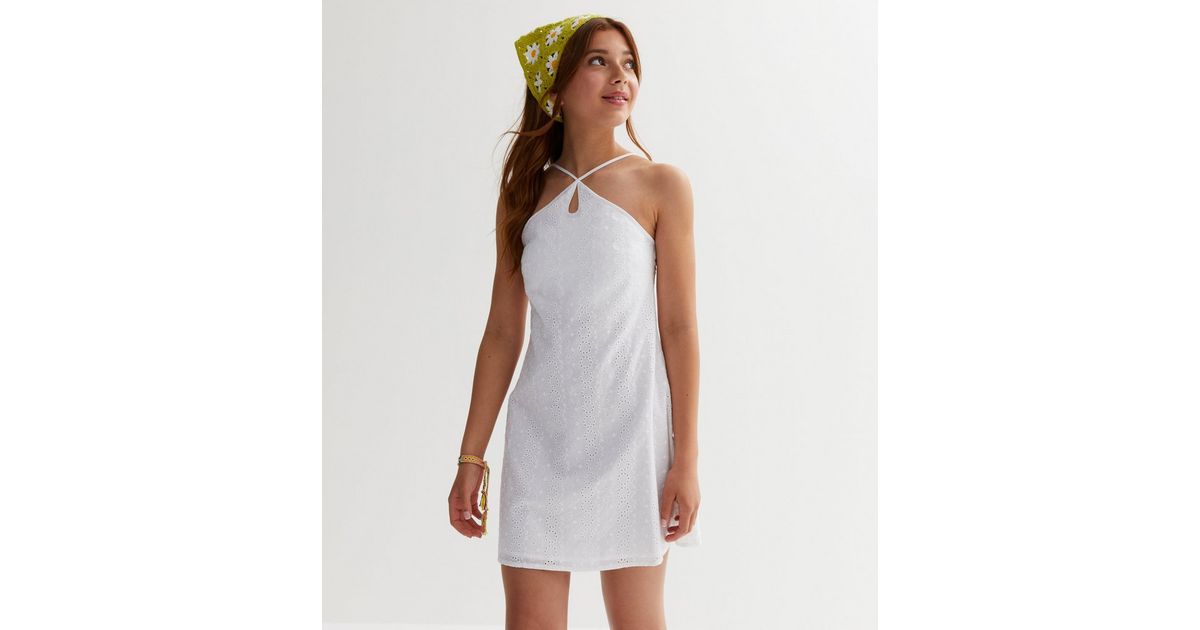 Girls White Broderie Halter Mini Dress | New Look