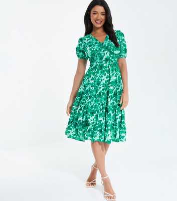 QUIZ Dark Green Floral Tiered Midi Dress