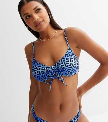 Blue Geometric Ruched Bikini Top