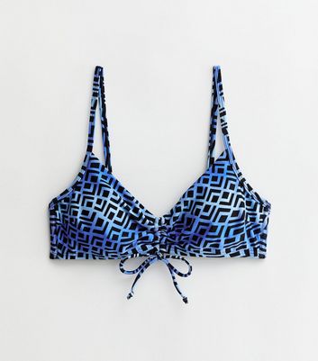 Blue Geometric Ruched Bikini Top New Look