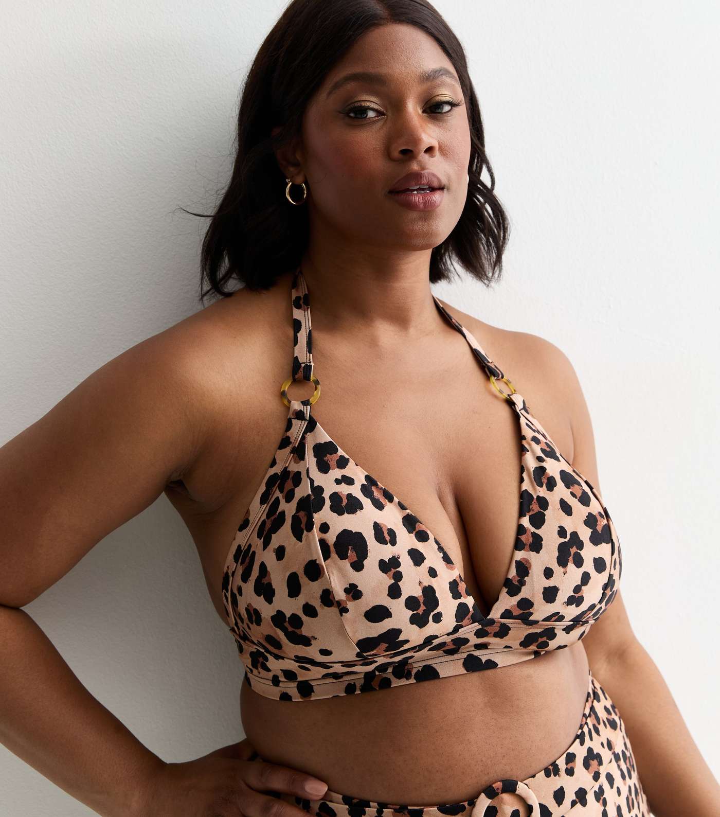Curves Brown Leopard Print Moulded Long Triangle Bikini Top Image 3