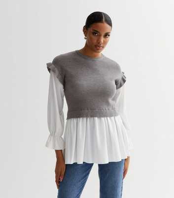 Cameo Rose Pale Grey Knit Frill 2 in 1 Peplum Shirt