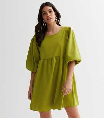 Cameo Rose Khaki Puff Sleeve Mini Smock Dress