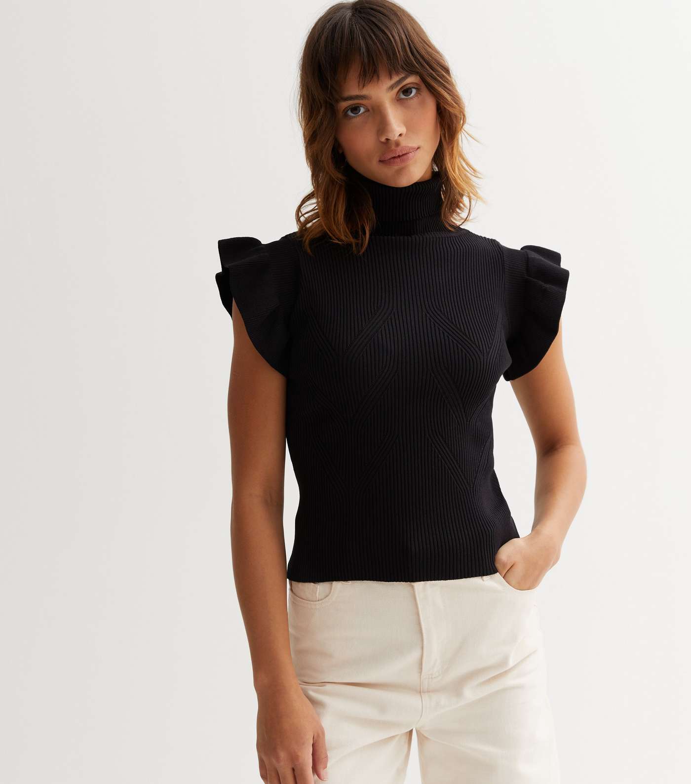 Cameo Rose Black Knit Frill Sleeve Top Image 3