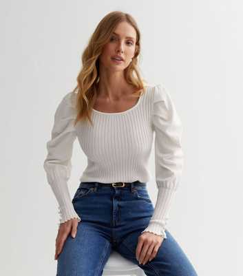 Cameo Rose Off White Knit Puff Sleeve Top