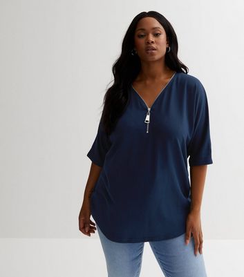 Blue Vanilla Curves Navy Zip Neck 1/2 Sleeve Top | New Look