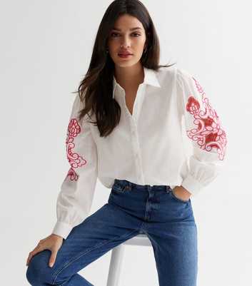Blue Vanilla White Floral Embroidered Cut Out Puff Sleeve Shirt