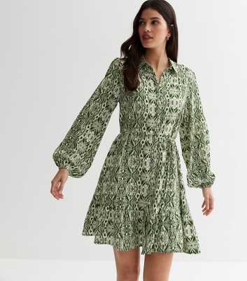 Blue Vanilla Green Abstract Tie Waist Tiered Mini Shirt Dress
