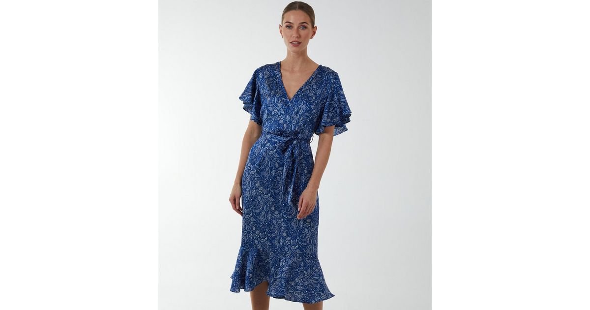 Blue Vanilla Navy Paisley Frill Midi Wrap Dress New Look