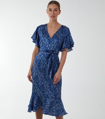 Blue Vanilla Navy Paisley Frill Midi Wrap Dress | New Look