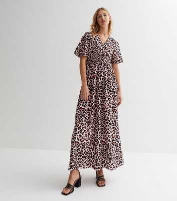 Blue Vanilla Pink Leopard Print Flutter Sleeve Maxi Dress