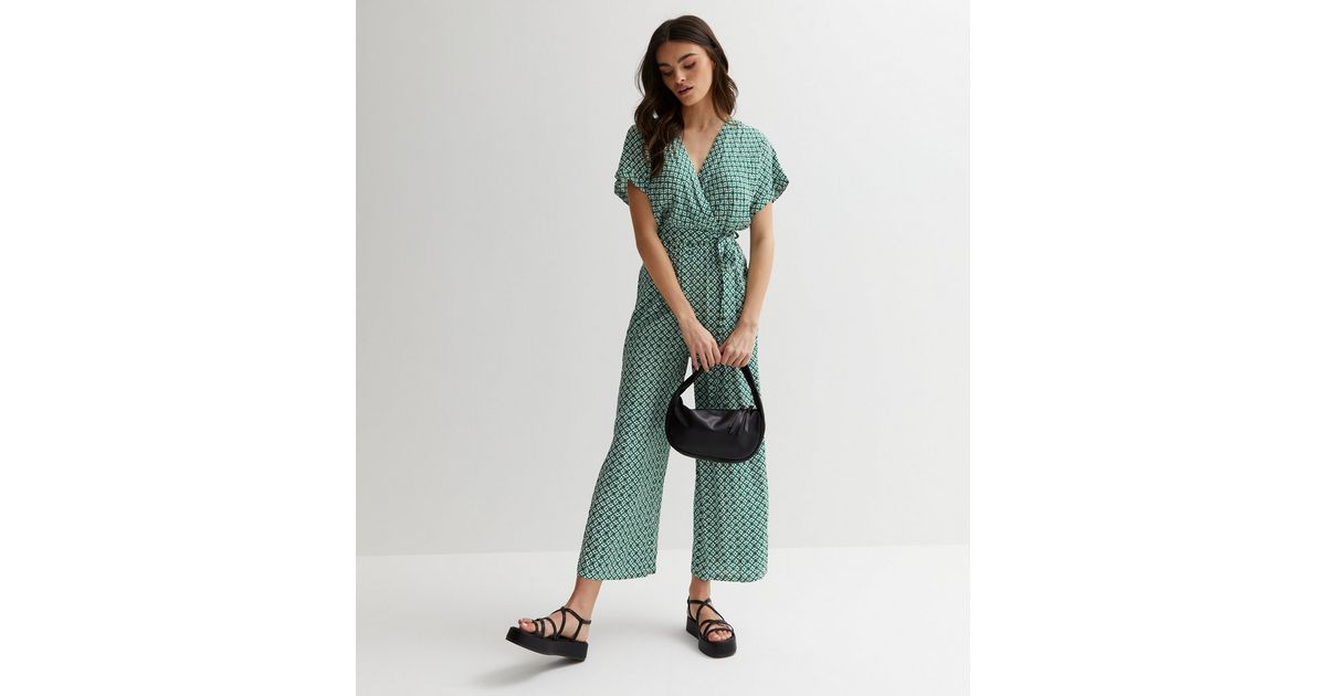 Blue Vanilla Green Geometric Wrap Jumpsuit New Look