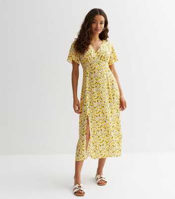 Petite Yellow Floral Flutter Sleeve Midi Dress