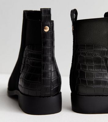 Wide Fit Black Faux Croc Chelsea Ankle Boots New Look