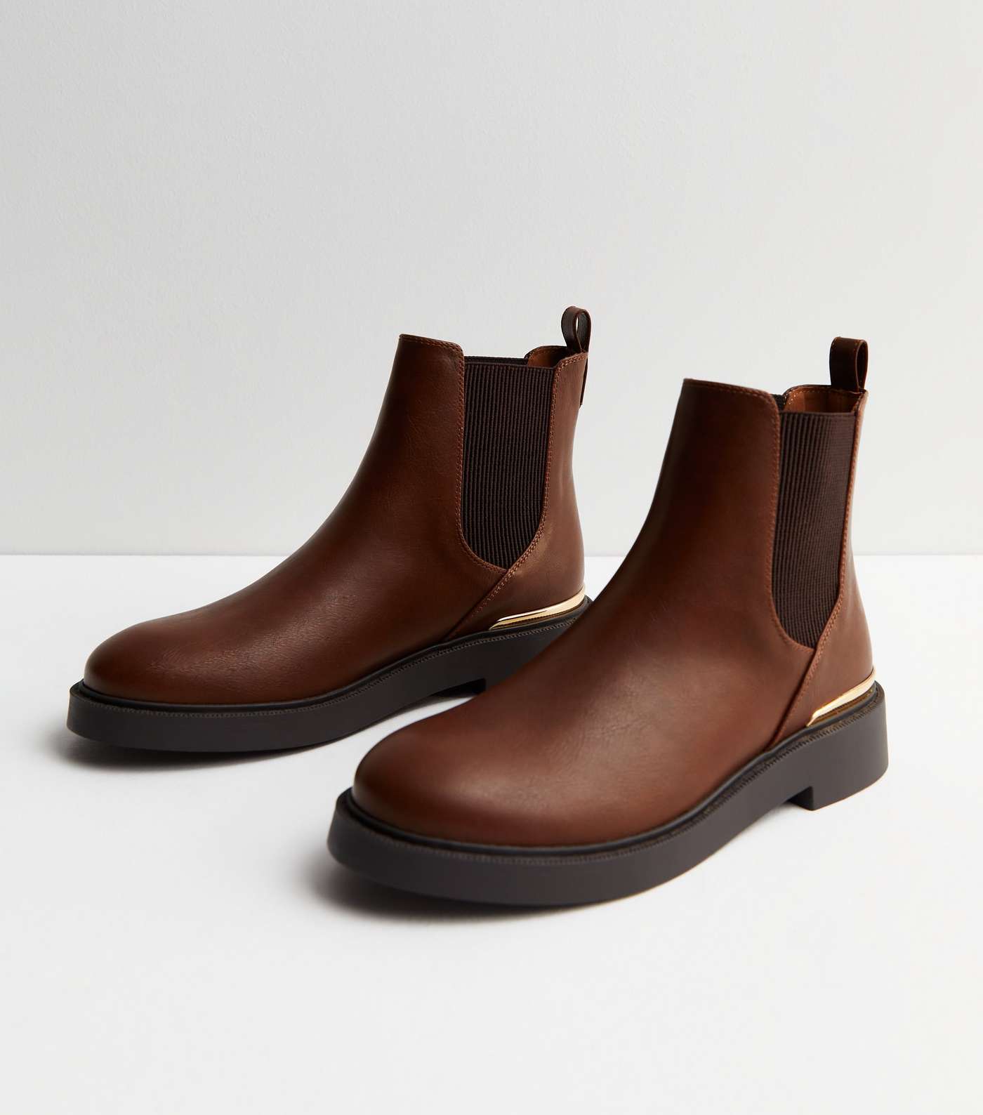 Tan Leather-Look Metal Trim Chelsea Boots Image 2
