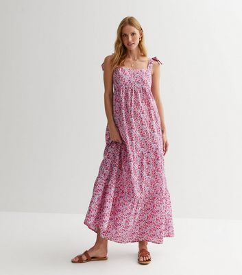 Maternity Pink Floral Cotton Tiered Hem Maxi Dress New Look