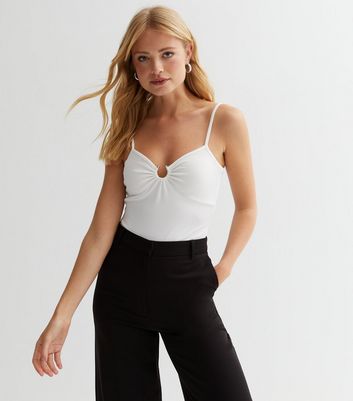 White Ribbed Jersey Strappy Ruched Bodysuit New Look