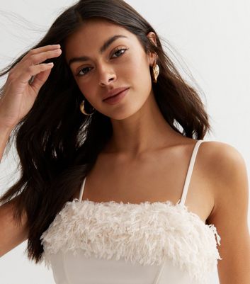 White Fluffy Trim Strappy Crop Top New Look