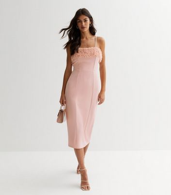 Pale Pink Fluffy Trim Strappy Midi Dress New Look