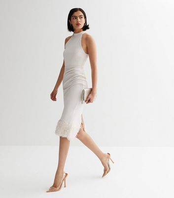 White Halter Fluffy Trim Midi Dress | New Look