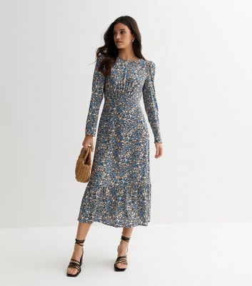 Blue Ditsy Floral Ruched Tiered Midi Dress