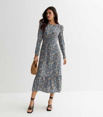 Blue Ditsy Floral Ruched Tiered Midi Dress
