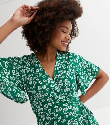 New look green floral wrap dress hotsell