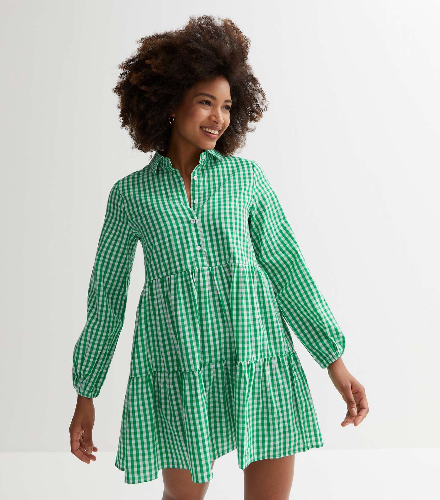 Cutie London Green Check Long Puff Sleeve Mini Smock Dress Image 2