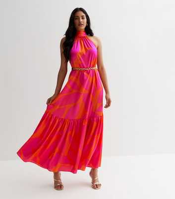 Bright Pink Abstract Satin Halter Tiered Hem Maxi Dress