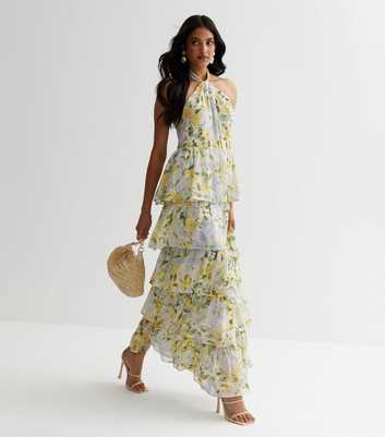 Off White Floral Tiered Halter Maxi Dress
