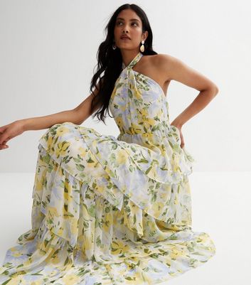 Off White Floral Tiered Halter Maxi Dress New Look