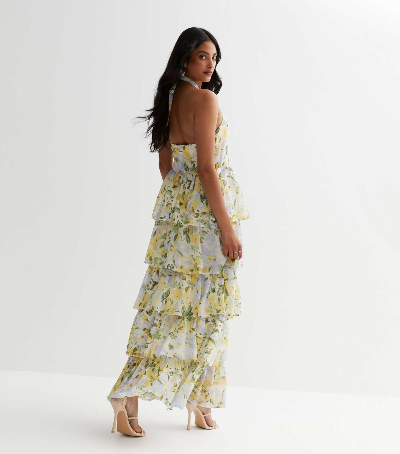 Off White Floral Tiered Halter Maxi Dress Image 4