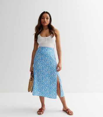 Petite Blue Spot Split Hem Midi Skirt