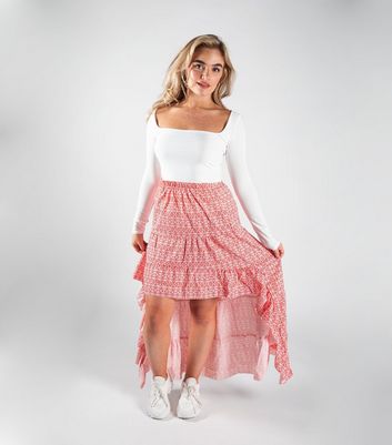 JUSTYOUROUTFIT Red Paisley Frill Dip Hem Midi Skirt