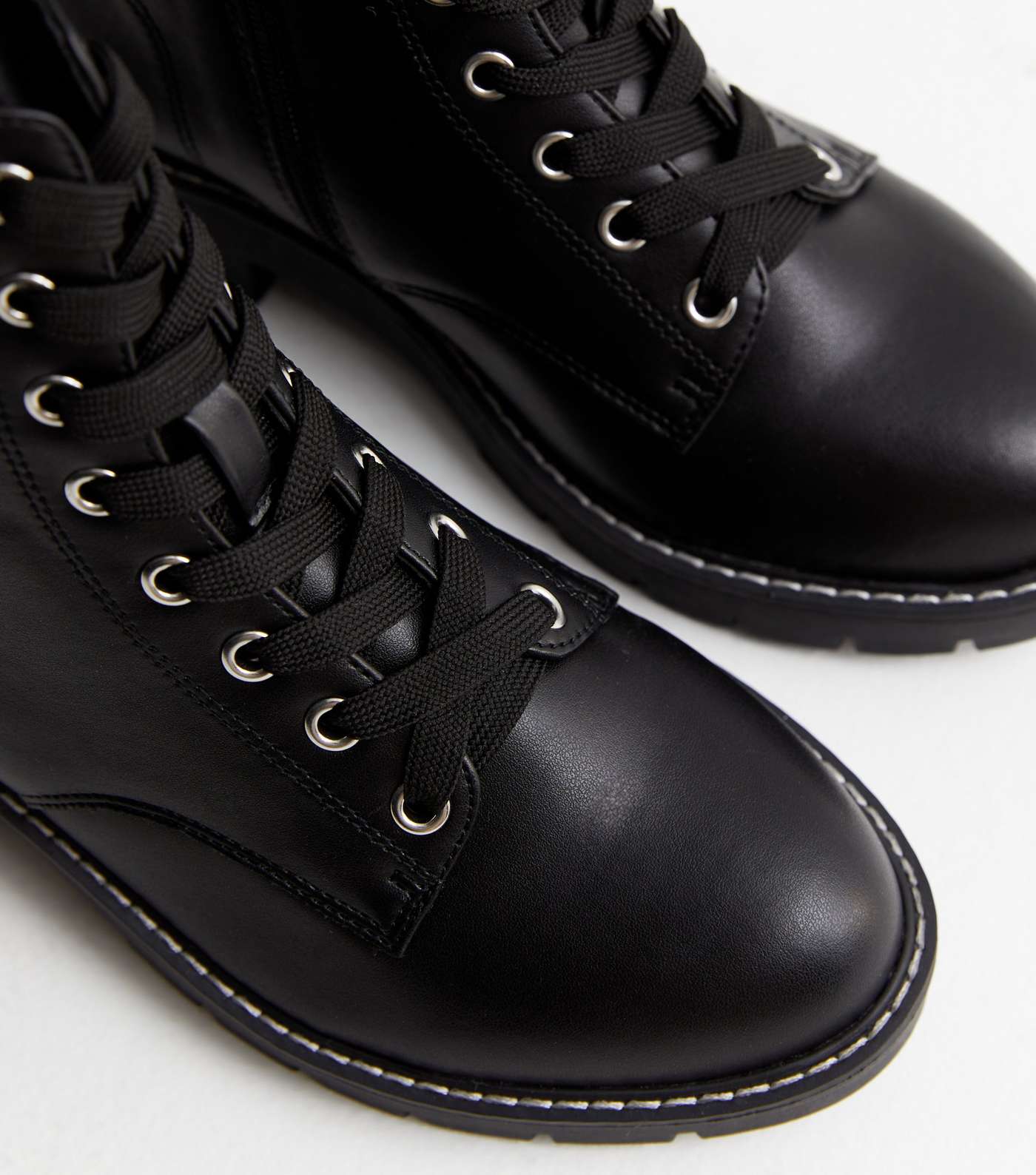 Wide Fit Black Leather-Look Contrast Stitch Lace Up Biker Boots Image 3