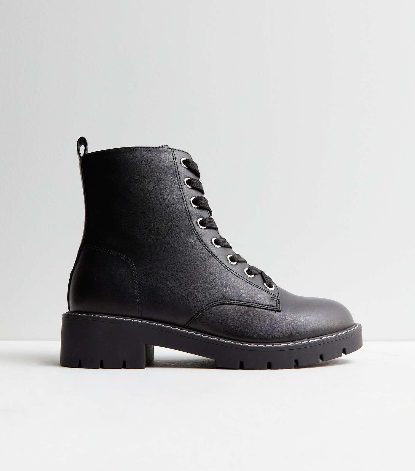 Wide Fit Black Leather-Look Contrast Stitch Lace Up Biker Boots Image 5