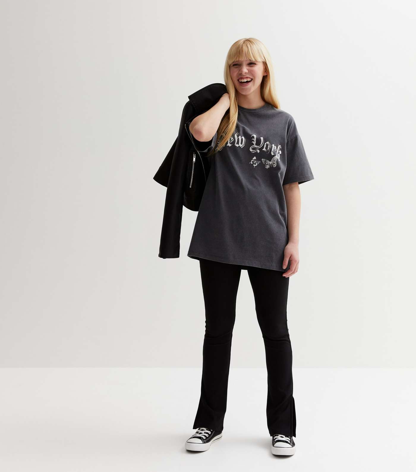Girls Dark Grey Acid Wash New York Logo Oversized T-Shirt Image 3