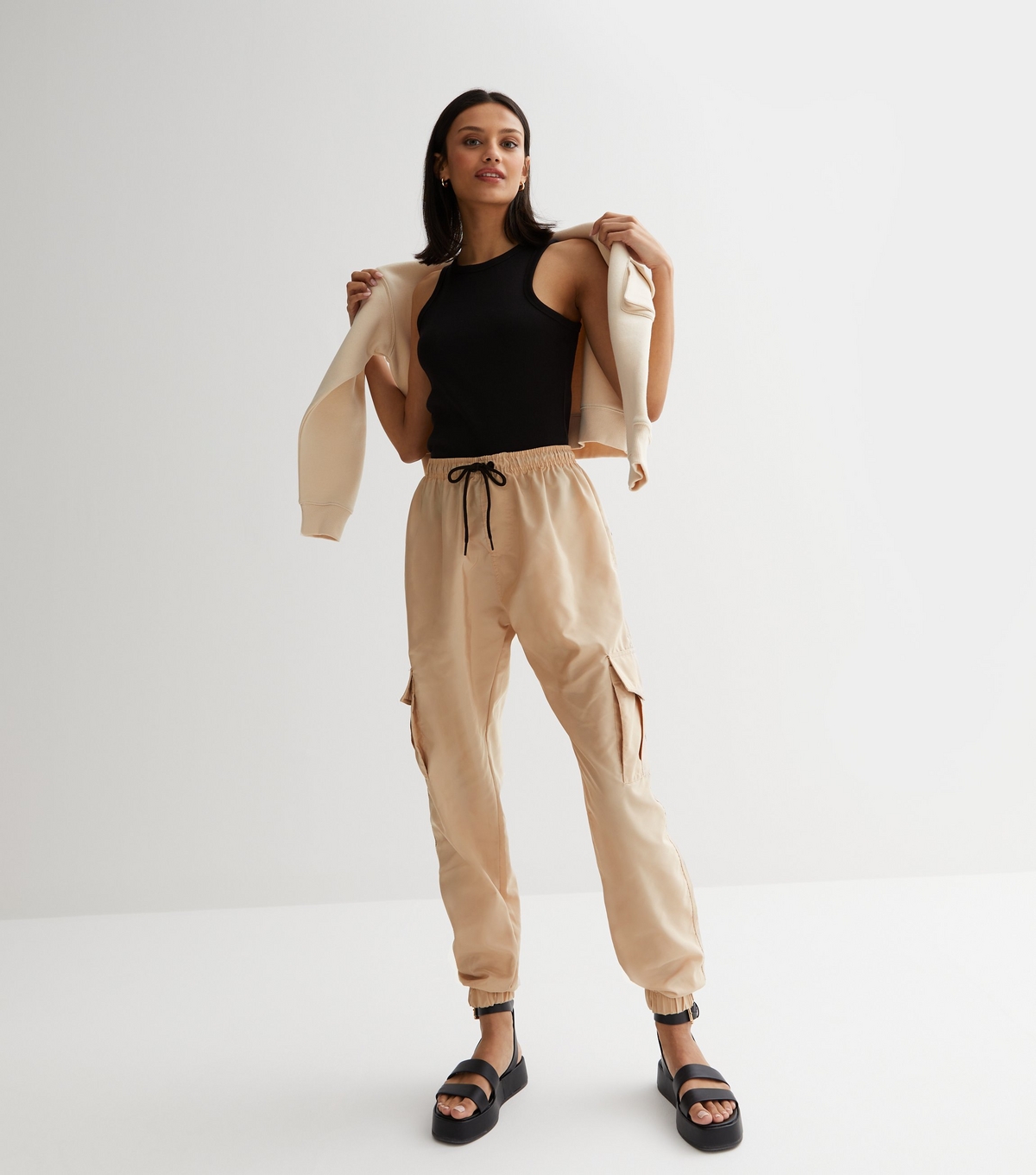 Women's Stone Cuffed Parachute Cargo Trousers Urban Bliss New Look