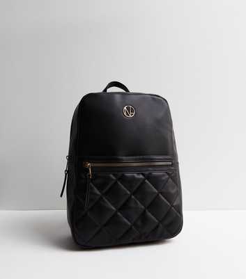 Black Leather-Look Quilted Pocket Front Backpack