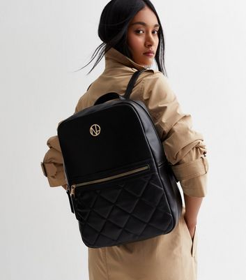 Black Leather-Look Quilted Pocket Front Backpack | New Look