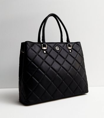 Black Diamond Quilted Laptop Tote Bag New Look