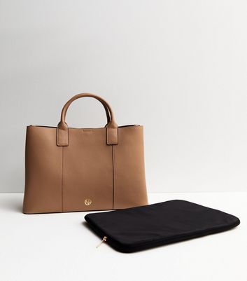 Tan LeatherLook Laptop Tote Bag New Look