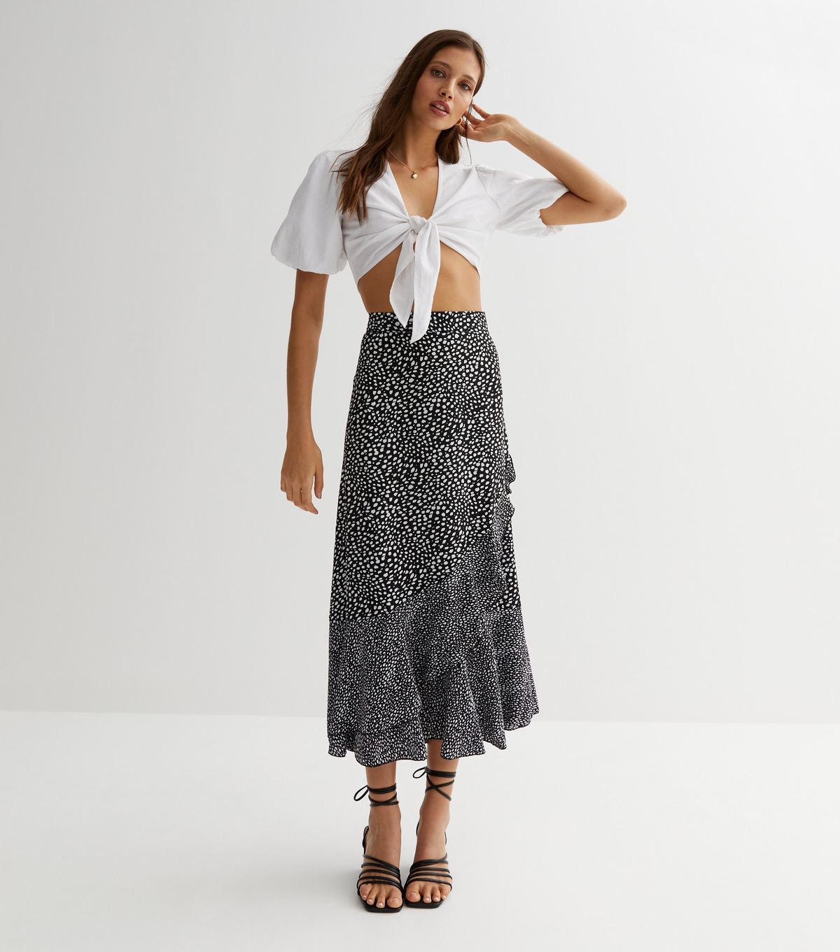 Women's Black Mixed Spot Ruffle Midi Skirt Cameo Rose New Look
