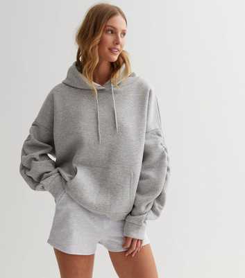 Cameo Rose Pale Grey Jersey Ruched Sleeve Oversized Hoodie